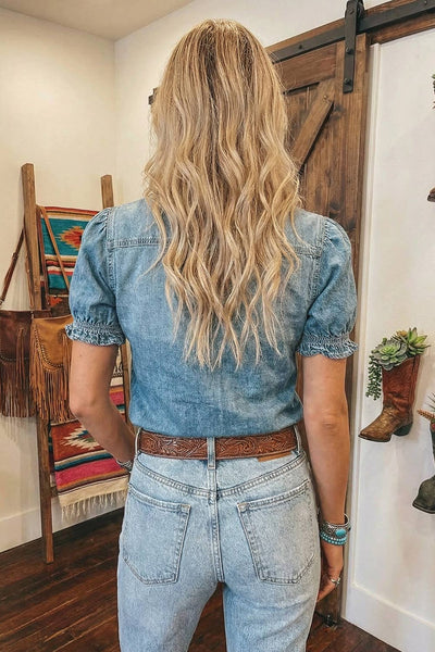 Spring Western Cowboy Solid Short Sleeve Collared denim top