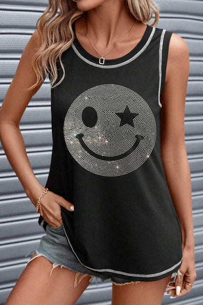 Rhinestone Smile Face Round Neck Tank