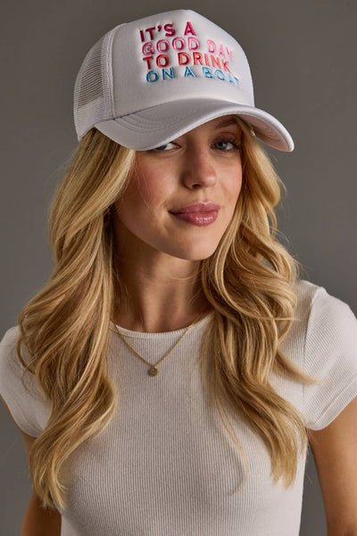 White Drink On A Boat Trucker Hat