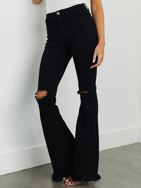 Women Fashion Black Ripped Stretch Flared Jeans