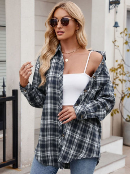 Pocketed Plaid Collared Neck Long Sleeve Shirt