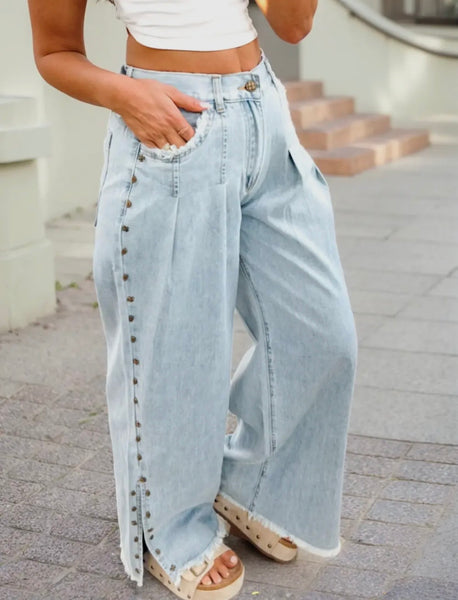 Studded Side Detail Split Wide Leg Jeans