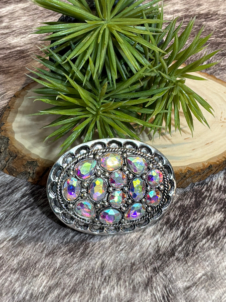 Western Crystal Oval Silver Plated Belt Buckle
