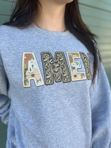 Faux Embroidery Amen Patch Sweatshirt