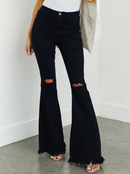 Women Fashion Black Ripped Stretch Flared Jeans