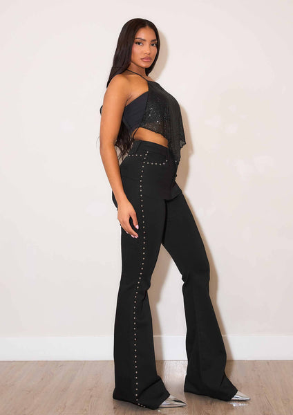 Black High-Rise Flare Jeans With Studs