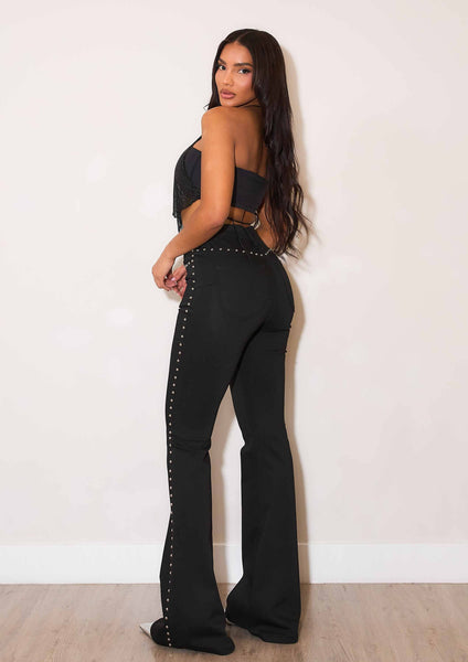 Black High-Rise Flare Jeans With Studs