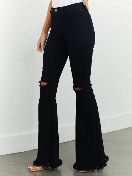 Women Fashion Black Ripped Stretch Flared Jeans