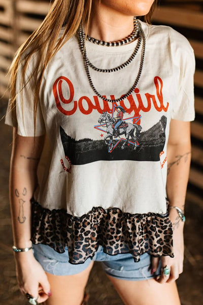 Western Retro COWGIRL Leopard Ruffle Hem Patched T Shirt