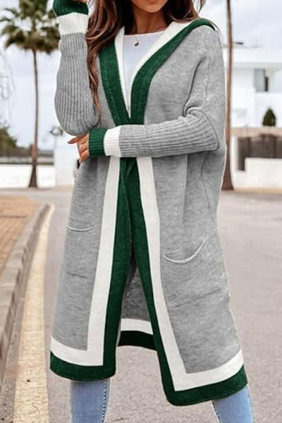 Pocketed Contrast Long Sleeve Hooded Cardigan