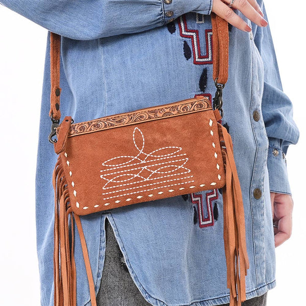 American Darling Western Genuine Suede Leather Small Cross Body Bag with & Hand-Tooled Accents