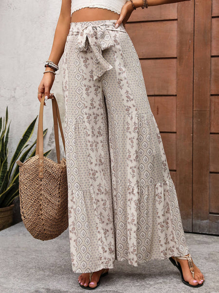 Tie Printed Wide-Leg Pants