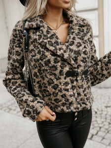 Fuzzy Animal Print Collared Neck Coat