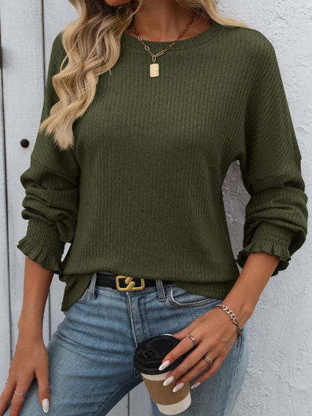 Ribbed Round Neck Long Sleeve T-Shirt