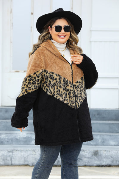 Plus Size Leopard Zip Up Hooded Outerwear