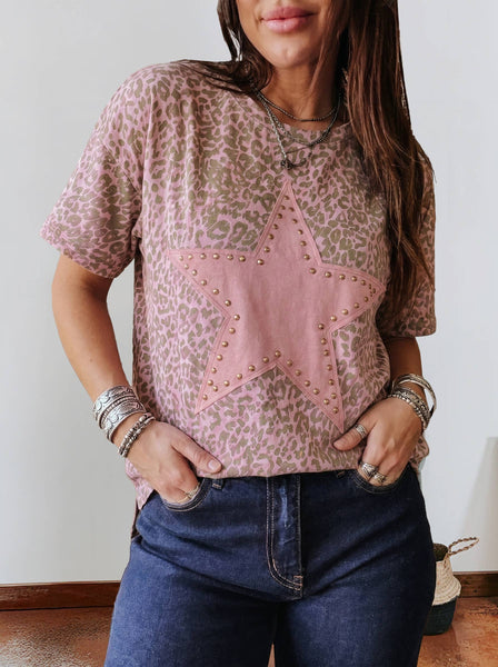 Western summer Leopard Retro Studded Star Patch Loose Tee