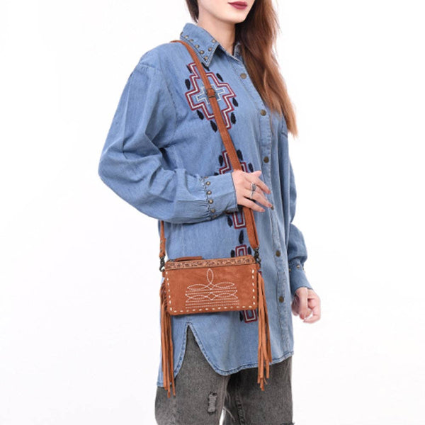 American Darling Western Genuine Suede Leather Small Cross Body Bag with & Hand-Tooled Accents