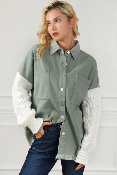 Raw Hem Collared Neck Button Up Long Sleeve Jacket