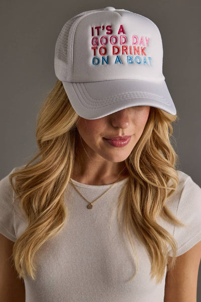 White Drink On A Boat Trucker Hat
