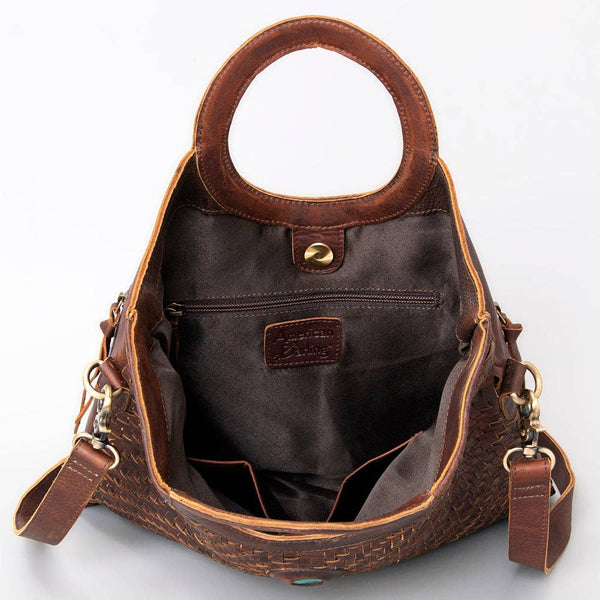 Handwoven Western Leather Tote Bag with Turquoise Stone Accent