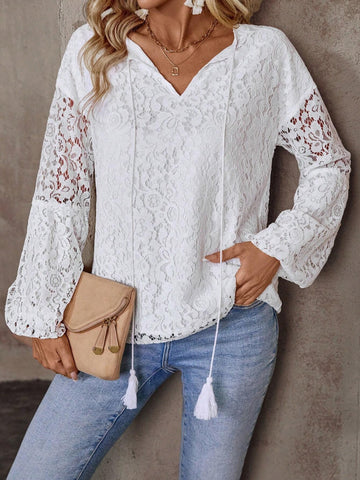 Lace Tie Neck Long Sleeve Blouse