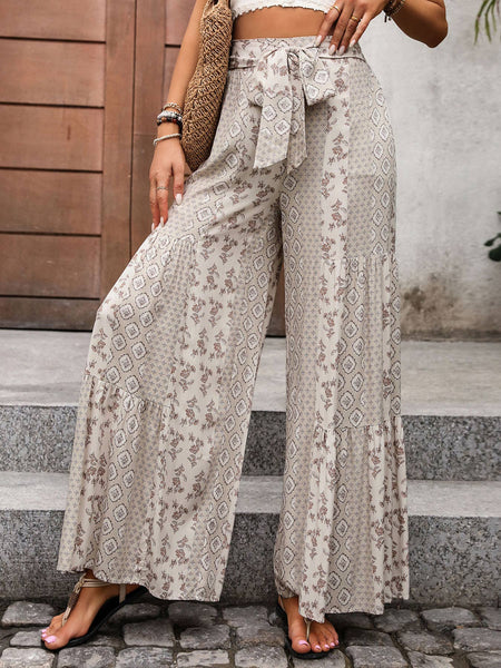 Tie Printed Wide-Leg Pants