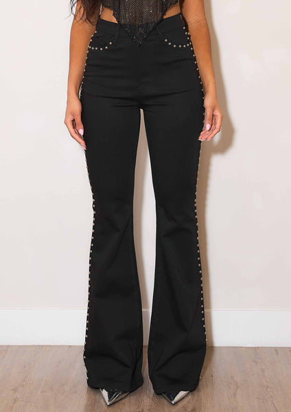 Black High-Rise Flare Jeans With Studs