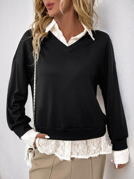 Perfee Faux Layered Contrast Long Sleeve Sweatshirt