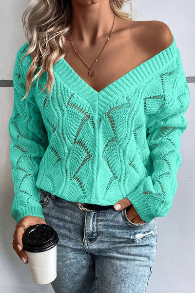 Openwork V-Neck Long Sleeve Sweater