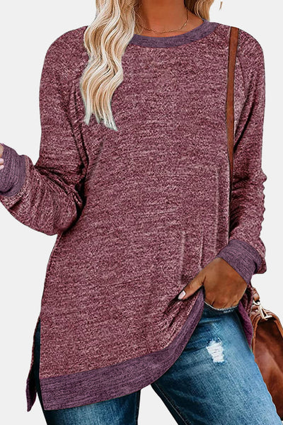 Round Neck Long Sleeve Slit T-Shirt