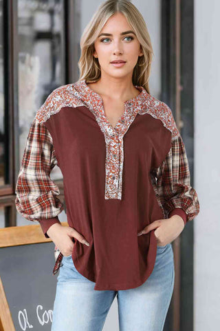 Plaid Notched Neck Slit Blouse