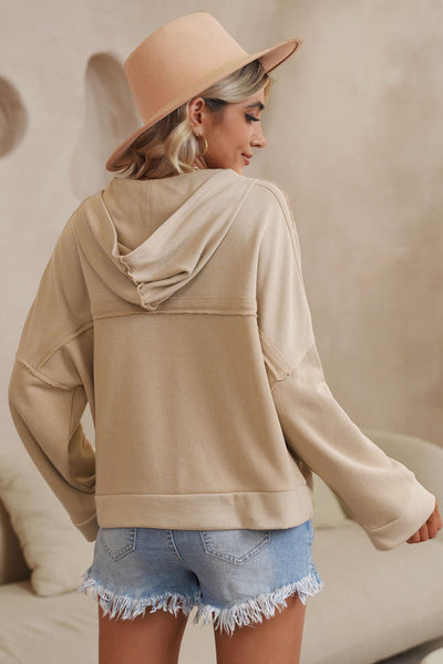 Quarter-Button Exposed Seam Dropped Shoulder Hoodie